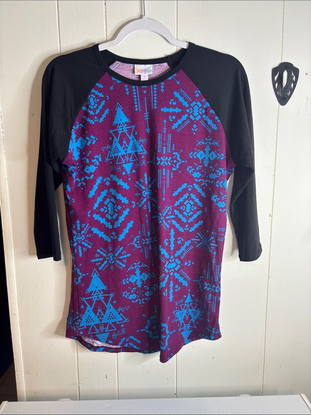 492 - Women's Aztec Print Raglan Tunic - Black Sleeves, Purple Body